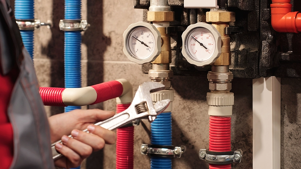 A plumber using a wrench to check the pressure gauge on a water heater.